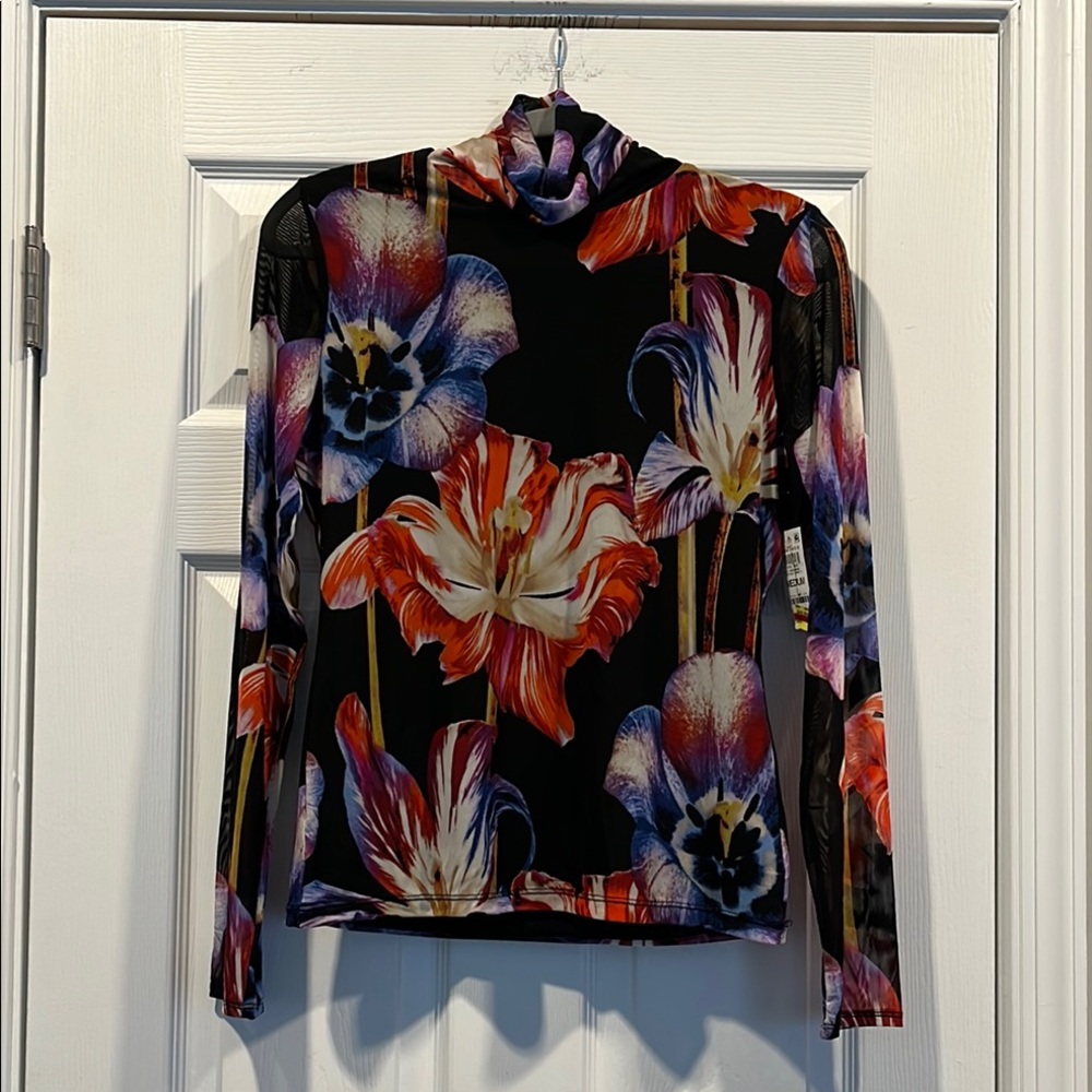 INC International Concepts Black and Orange Fitted Graphic Long Sleeve Blouse